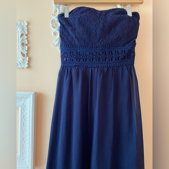 Ya Los Angeles Strapless Maxi Silk Blend Dress Navy Blue Size Small - Picture 3 of 9